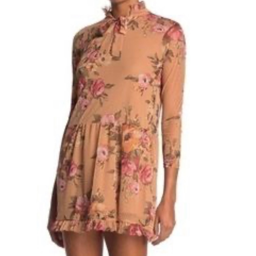 Velvet Torch LA | Swiss Dot Mandarin Tie Collar MiniDress | Taupe Floral
